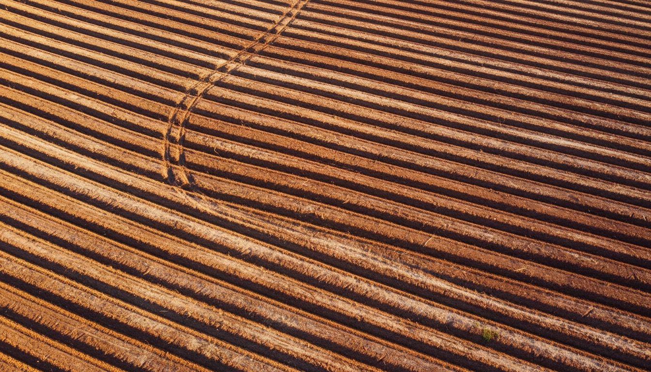Surcos de un campo arado en hilera, vistos desde arriba